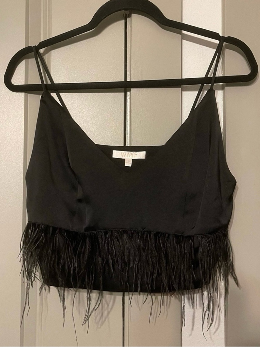 WAYF Black Feather-Hem Spaghetti Strap Crop Camisole